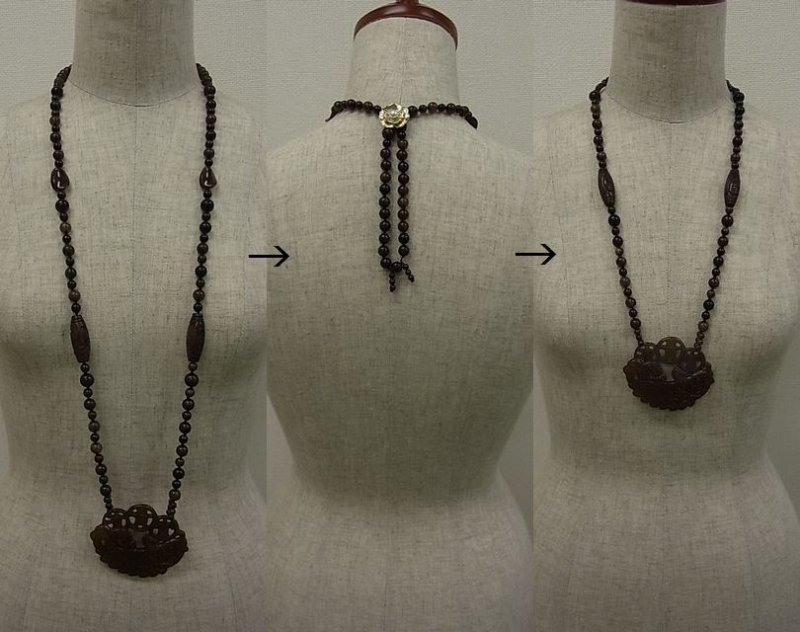 たとえばロングのネックレスを後ろで留めて、長さを調整することも可能。