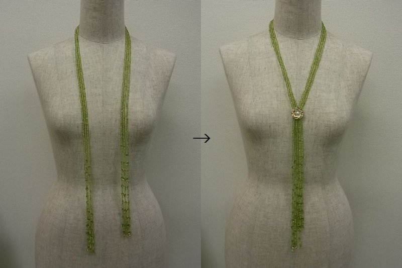 たとえばラリエットなら、好きなところに留めてまとめられます。