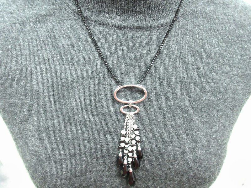 画像2: SV925 パールと黒の天然石のフリンジ ペンダント + ピアスのお得セット! (2)