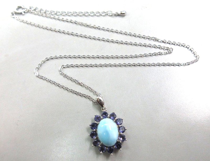 画像2: ラリマー + タンザナイト取り巻き ペンダント (Silver925チェーン付き)  (2)