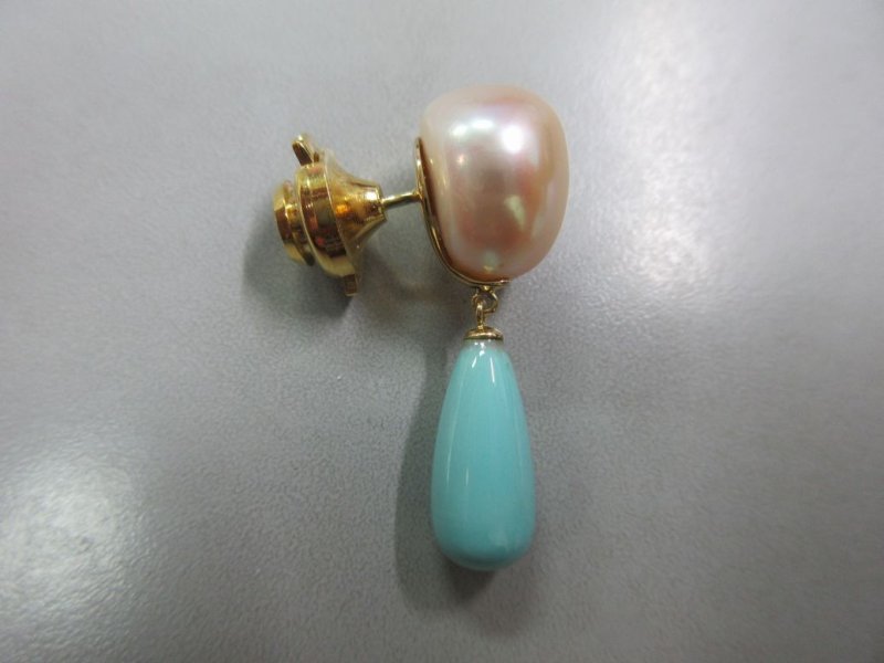 画像4: 特価!! 18K ナチュラルターコイズ & バロックパール  ピンブローチ  (4)