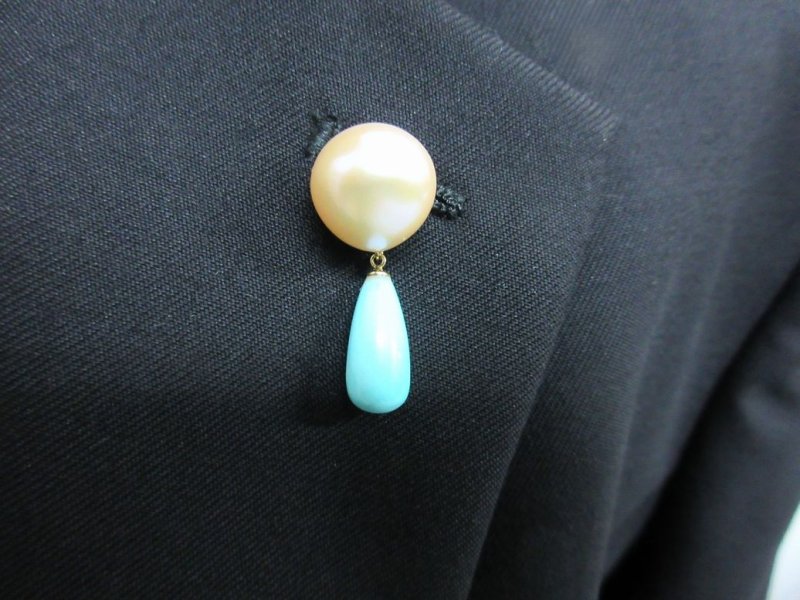 画像3: 特価!! 18K ナチュラルターコイズ & バロックパール  ピンブローチ  (3)