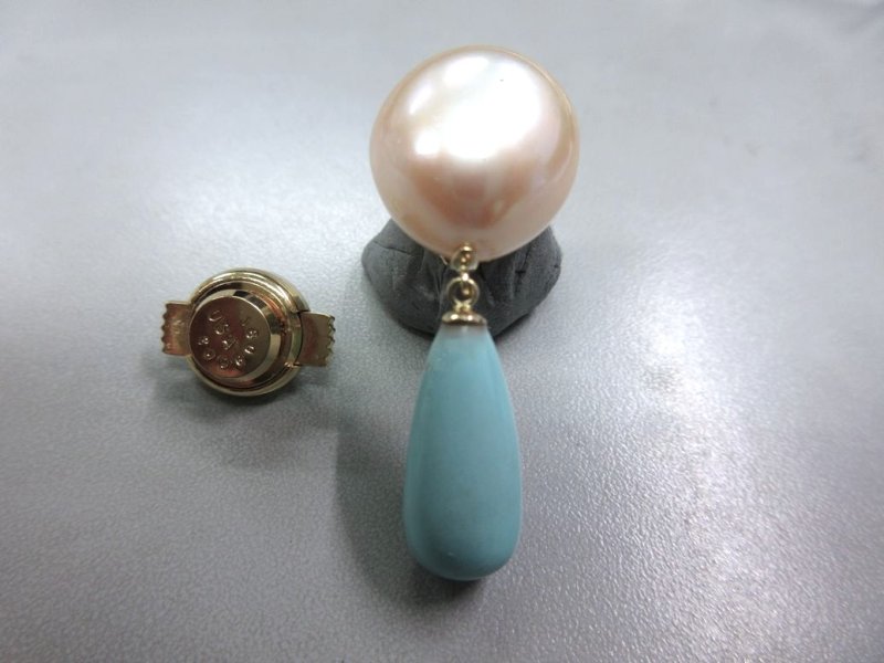 画像2: 特価!! 18K ナチュラルターコイズ & バロックパール  ピンブローチ  (2)